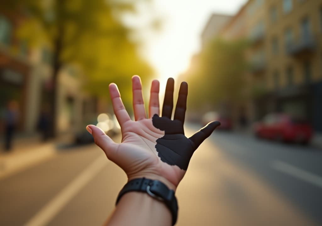  holding one white and one black hand on a sunny street in the afternoon