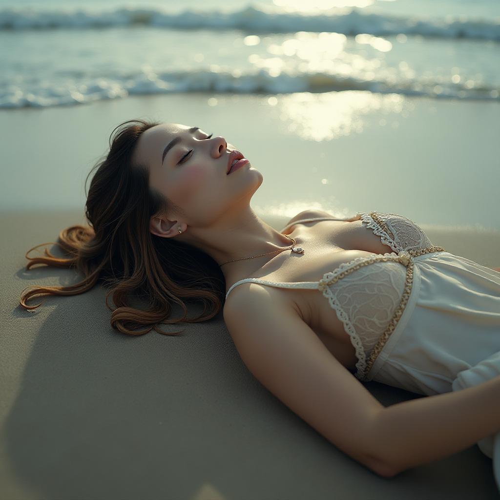  i'm lying on the beach. hyperrealistic, full body, detailed clothing, highly detailed, cinematic lighting, stunningly beautiful, intricate, sharp focus, f/1. 8, 85mm, (centered image composition), (professionally color graded), ((bright soft diffused light)), volumetric fog, trending on instagram, trending on tumblr, HDR 4K, 8K