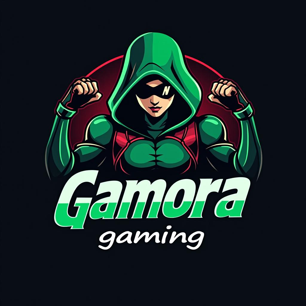  design a logo, le personnage gamora en élément principal avec gamora gaming écrit au centre du logo avec l’écriture avengers et les couleurs de gamora, with the text 'gamora gaming'.