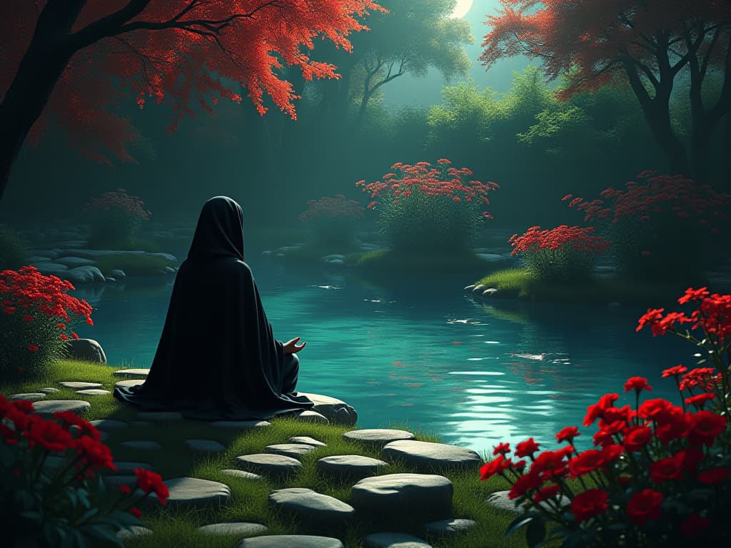  a serene garden with blooming flowers, a figure meditating beside a clear, shimmering pond. tranquil atmosphere, reflection, inner peace.. the style is dark fantasy and mysterious occult, symbolic, moody lighting, esoteric vibe,high detail on character design. for the color scheme emphasize blacks and reds.