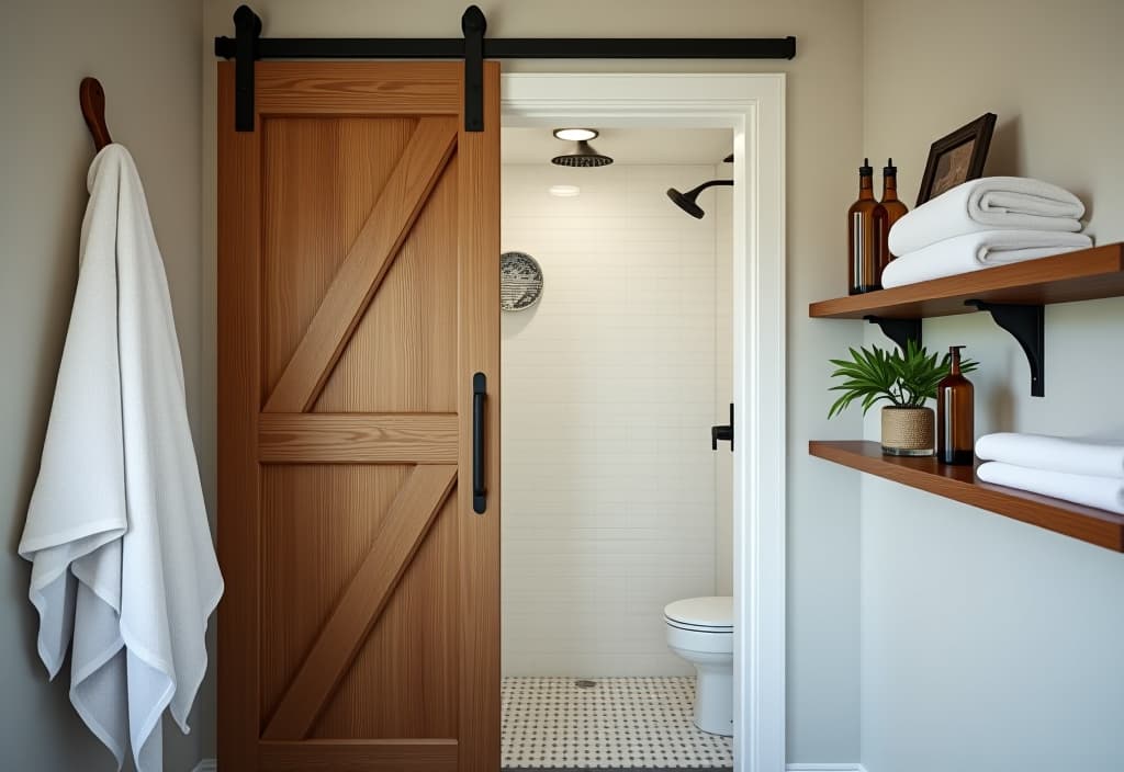  a landscape photo of a farmhouse style shower with a sliding barn door, white subway tiles, and a built in rustic wooden shelf holding vintage glass bottles and fluffy white towels hyperrealistic, full body, detailed clothing, highly detailed, cinematic lighting, stunningly beautiful, intricate, sharp focus, f/1. 8, 85mm, (centered image composition), (professionally color graded), ((bright soft diffused light)), volumetric fog, trending on instagram, trending on tumblr, HDR 4K, 8K