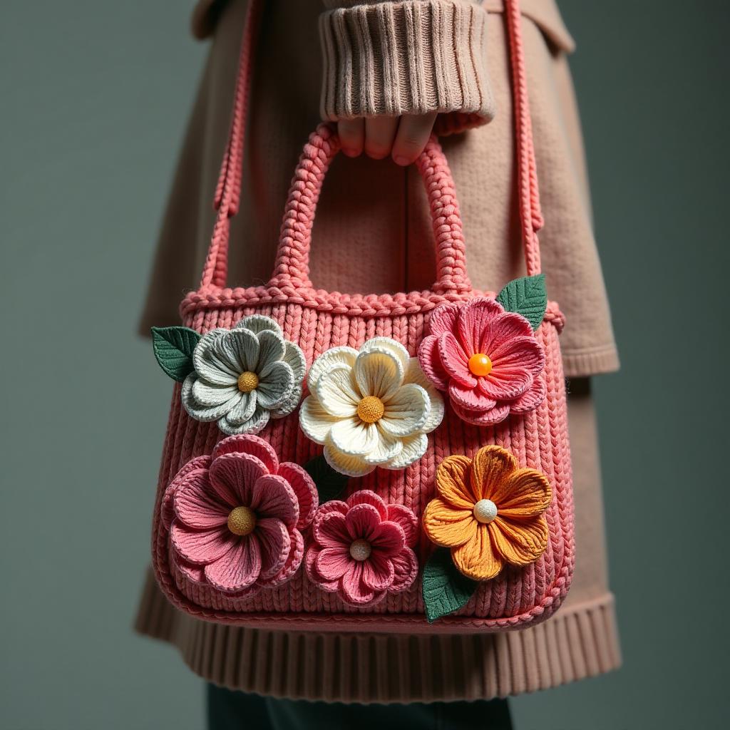  a postcard for a brand of handmade knitted bags. the image features 2d flowers in various colors. hyperrealistic, full body, detailed clothing, highly detailed, cinematic lighting, stunningly beautiful, intricate, sharp focus, f/1. 8, 85mm, (centered image composition), (professionally color graded), ((bright soft diffused light)), volumetric fog, trending on instagram, trending on tumblr, HDR 4K, 8K