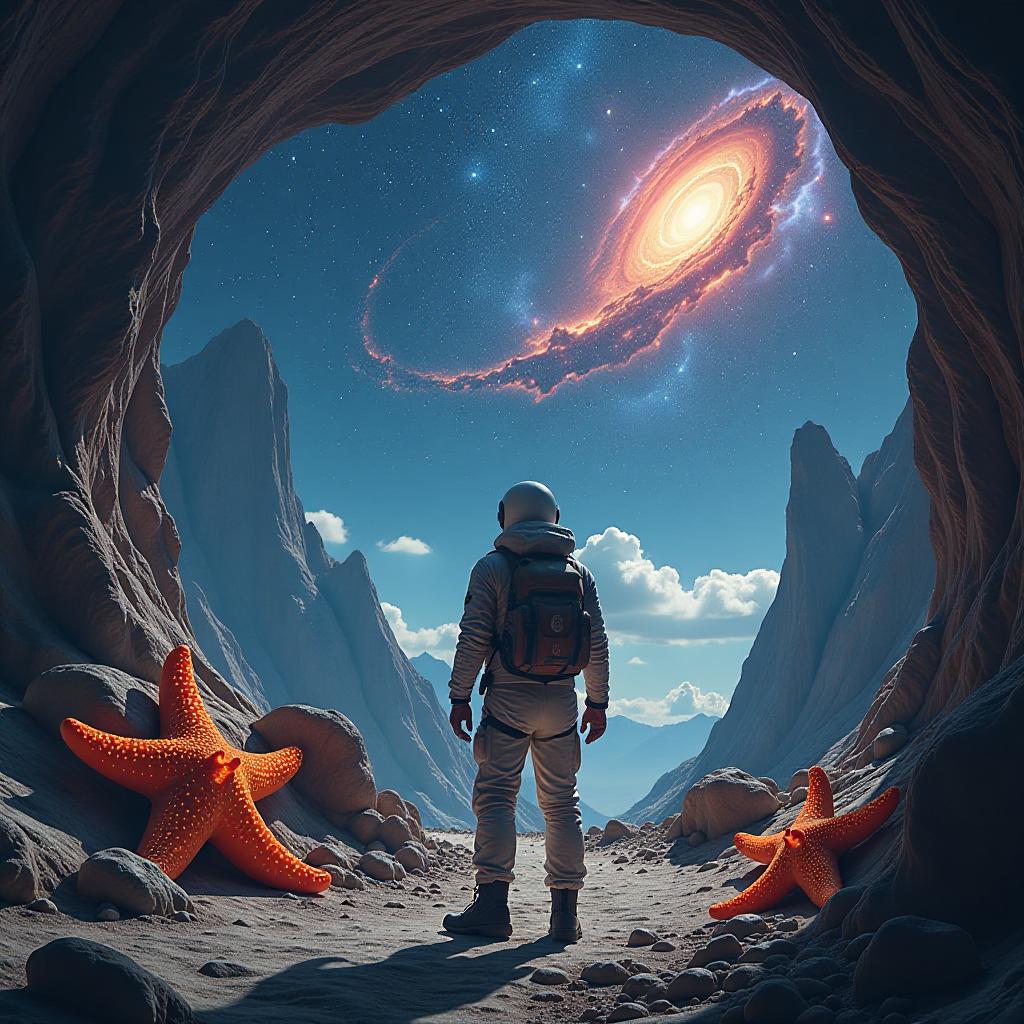  create a high quality, photorealistic image that vividly depicts the following scene: an awe inspiring landscape of a fantastical realm ((mirroring a celestial intergalactic observatory)), inhabited by peculiar wonders – a squid with pulsating stars, a bending papaya straining towards a far off nebula, a shape shifting snow leopard eye, and a luminescent starfish thrumming with vitality, shining amongst ancient maps and cosmic granules, each symbolizing awe inspiring truths. at the heart of it is an enthralled adventurer ((curious, battle worn male in retro astronaut suit)), clenching the handles, preparing for the visual joyride that is about to begin. dramatic lighting forms elongated shades, intensifying the feeling of amazement a hyperrealistic, full body, detailed clothing, highly detailed, cinematic lighting, stunningly beautiful, intricate, sharp focus, f/1. 8, 85mm, (centered image composition), (professionally color graded), ((bright soft diffused light)), volumetric fog, trending on instagram, trending on tumblr, HDR 4K, 8K