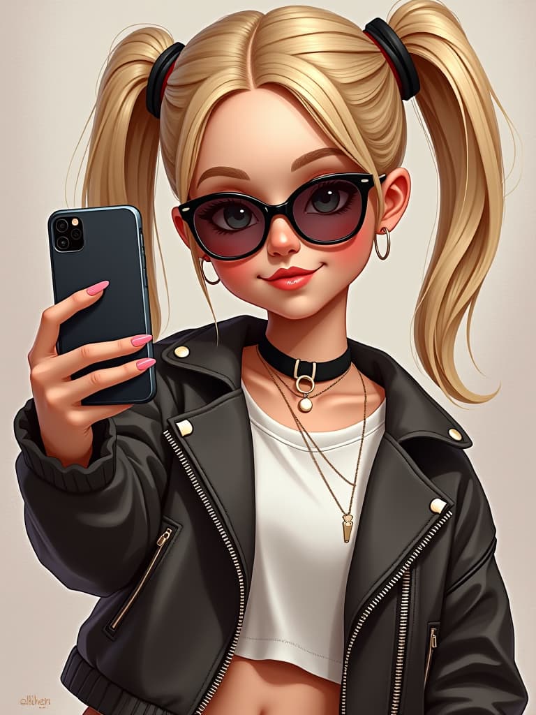  fashion editorial style picture little girl holding a cell phone, taking selfies and posing, photorealistic picture, by othon gliha, trending on cg society, digital art, ruan cute vtuber, taking selfies, cute cartoon, very artistic pose, airbrush on canvas, blonde girl, pigtails . high fashion, trendy, stylish, editorial, magazine style, professional, highly detailed