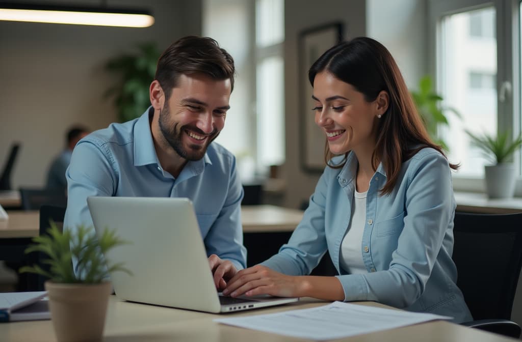  professional detailed photography, two busy happy professional business people, man and woman, working on laptop computer at desk and discussing financial project at meeting in office. ar 3:2, (muted colors, dim colors, soothing tones), (vsco:0.3)