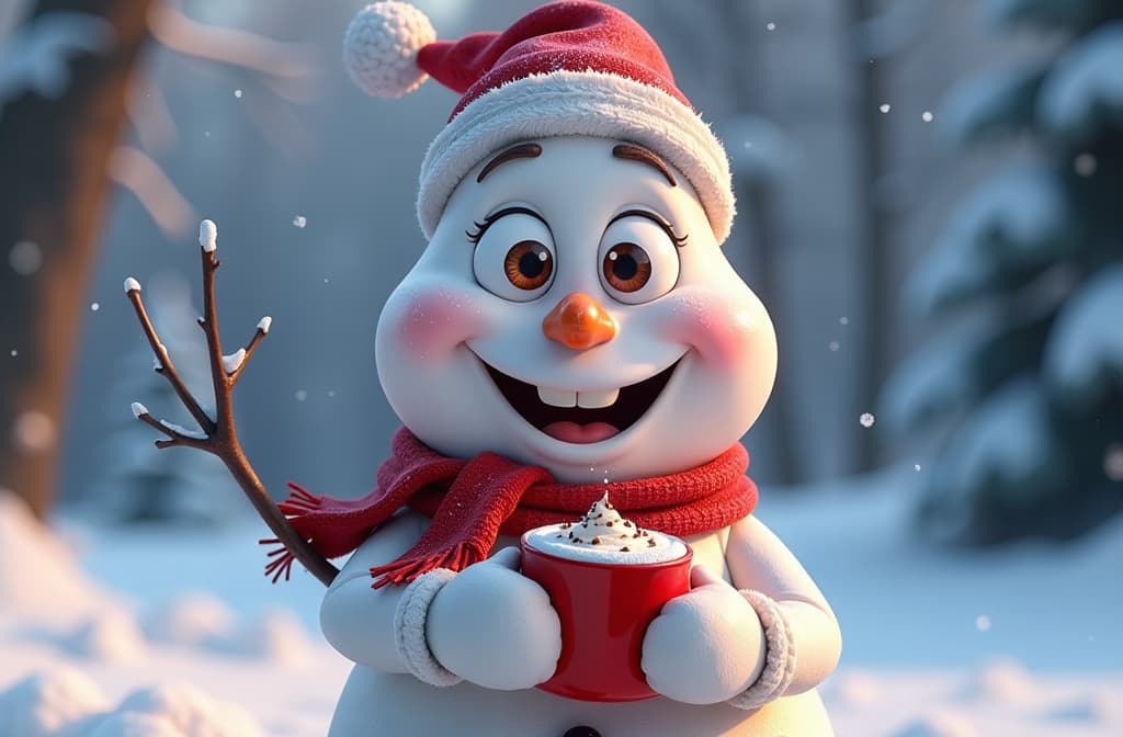  big head, big eyes, caricature, a caricature, rendering, (figurativism:0.8), a snowman with a big smile holding hot chocolate in his hands ar 3:2, epic realistic, pixar style, disney, (cycles render:1.3), caustics, (glossy:0.58), (artstation:0.2), cute