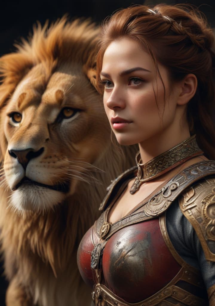 lion and warrior women highly detailed,studio lighting,professional,vivid colors, cinematic lighting, HDR, UHD, 4K, 8k, 64K