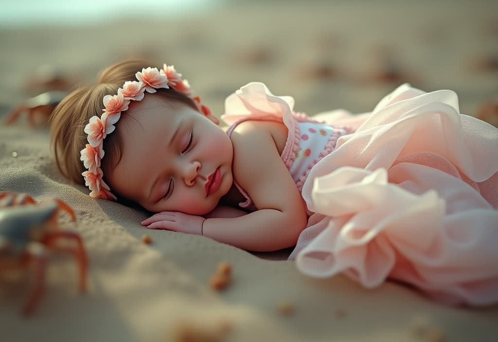  hyperrealistic art a newborn girl in a beautiful dress sleeps in anaes on the beach, sunday, a lot of crabs and tea. . extremely high resolution details, photographic, realism pushed to extreme, fine texture, incredibly lifelike hyperrealistic, full body, detailed clothing, highly detailed, cinematic lighting, stunningly beautiful, intricate, sharp focus, f/1. 8, 85mm, (centered image composition), (professionally color graded), ((bright soft diffused light)), volumetric fog, trending on instagram, trending on tumblr, HDR 4K, 8K