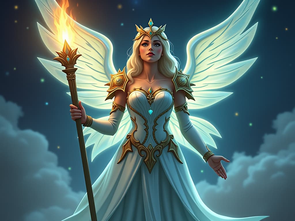  ethereal guardian in luminescent armor, holding a radiant scepter, celestial backdrop, glowing constellations. the style is digital art illustration,highly detailed, whimsical,magical, dreamlike atmosphere, realism and fantasy blend, smooth, glossy textures,luminous quality, wonder and enchantment.