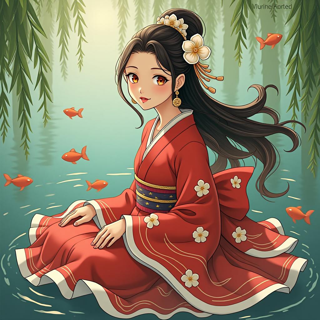  a beautifulgirl wearing hanfuin the water her curved hair fluttering in the water white jasmine hair accessoriesbig eyes melon seed face,high nose bridge,small mouth,light red hanfu the skirt fluttered with the weeping willows,blisters,golden fish niji5 ar 9:16 style expressive, award winning, professional, highly detailed, masterpiece