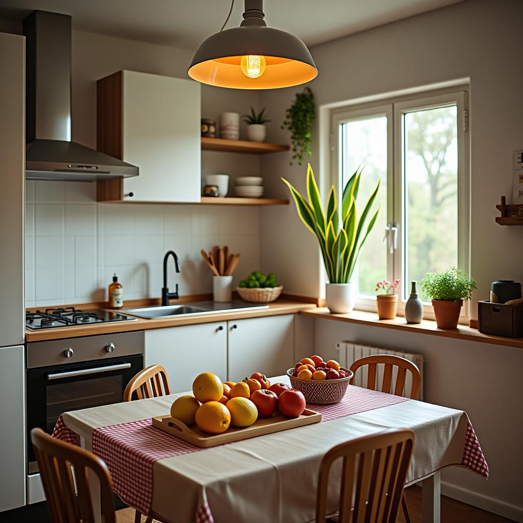  cozy kitchen of 10 square meters is decorated in light colors, with seasonal fruits on the table and a view from the window onto greenery.