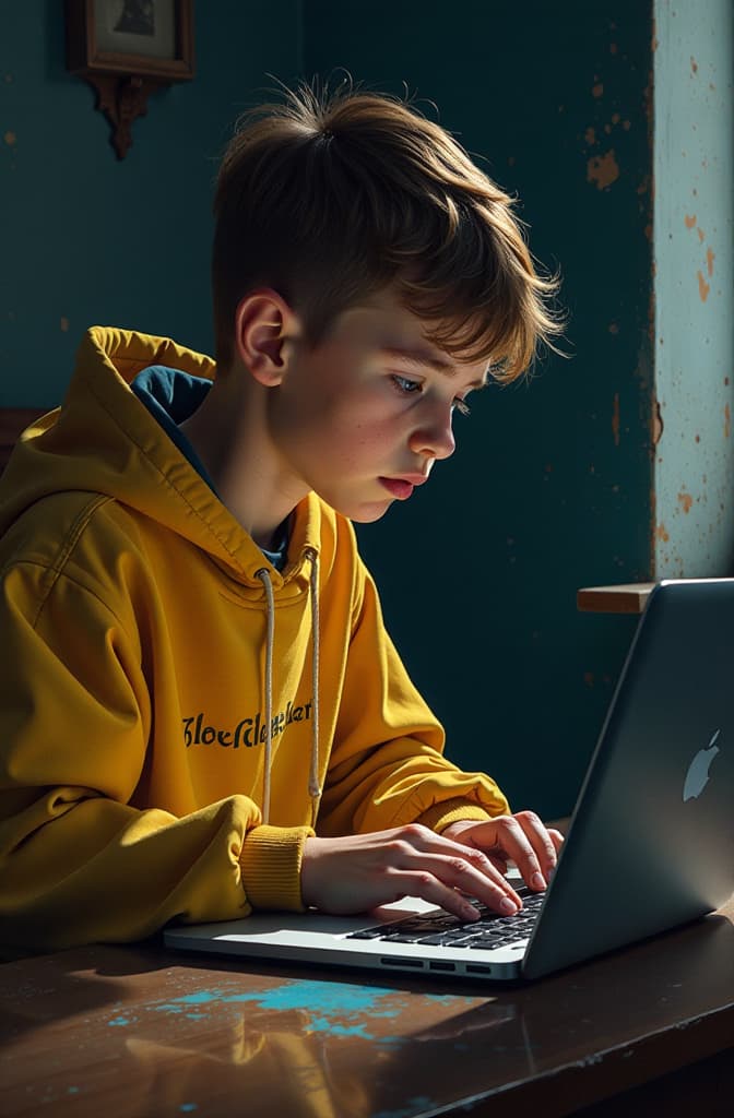  un joven siendo víctima de bullying cibernético mediante su laptop por parte de sus compañeros , high quality high detail painting by lucian freud, hd, photorealistic lighting, style of van gogh hyperrealistic, full body, detailed clothing, highly detailed, cinematic lighting, stunningly beautiful, intricate, sharp focus, f/1. 8, 85mm, (centered image composition), (professionally color graded), ((bright soft diffused light)), volumetric fog, trending on instagram, trending on tumblr, HDR 4K, 8K