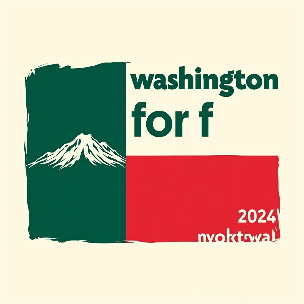  a tshirt design inspired by the washington state flag. the left side features a green vertical stripe with a large mountain in the center. the right side is divided into two horizontal sections: the top section is white with the text 'washington for' in bold, green, uppercase letters, and the bottom section is red with the text 'harris walz 2024' in bold, white, uppercase letters. the overall layout is clean and straightforward, with a clear and patriotic color scheme of blue, white, and red.