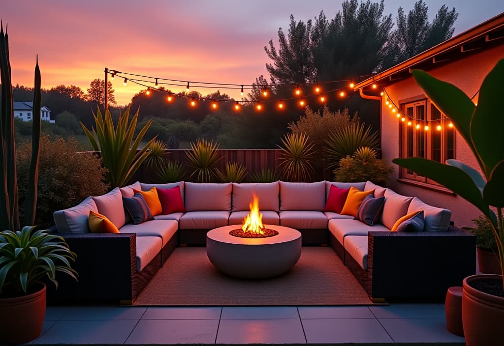  a landscape photo of a serene patio paradise at sunset, with plush outdoor sofas, vibrant throw pillows, and a cozy fire pit, surrounded by lush potted plants and string lights, viewed from a wide angle perspective hyperrealistic, full body, detailed clothing, highly detailed, cinematic lighting, stunningly beautiful, intricate, sharp focus, f/1. 8, 85mm, (centered image composition), (professionally color graded), ((bright soft diffused light)), volumetric fog, trending on instagram, trending on tumblr, HDR 4K, 8K