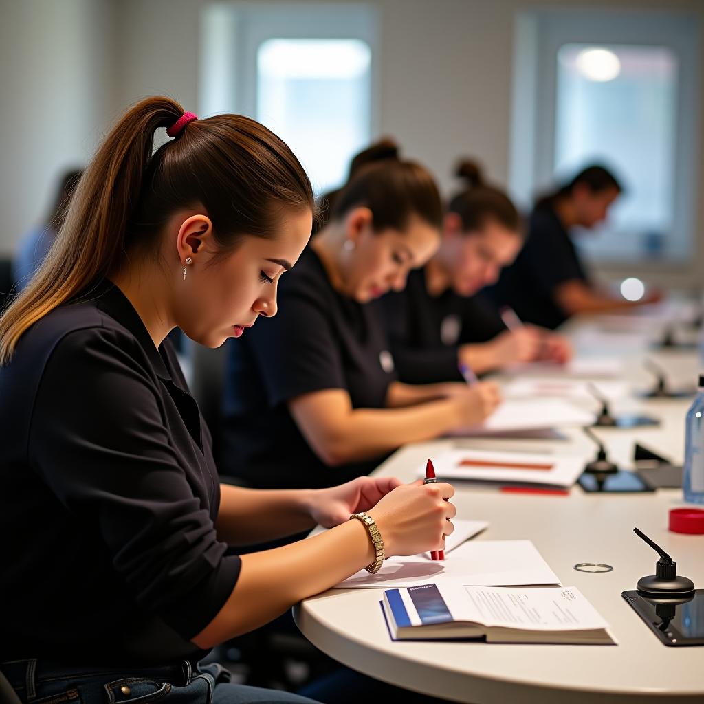  training nail technicians in a classroom setting.