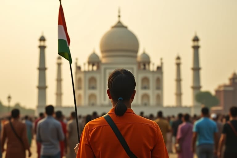  (celebrating indipendence day) indian citizen ship, ((all type of cast people in india)), holding the indan flag, taj mahal,full hd hyperrealistic, full body, detailed clothing, highly detailed, cinematic lighting, stunningly beautiful, intricate, sharp focus, f/1. 8, 85mm, (centered image composition), (professionally color graded), ((bright soft diffused light)), volumetric fog, trending on instagram, trending on tumblr, HDR 4K, 8K