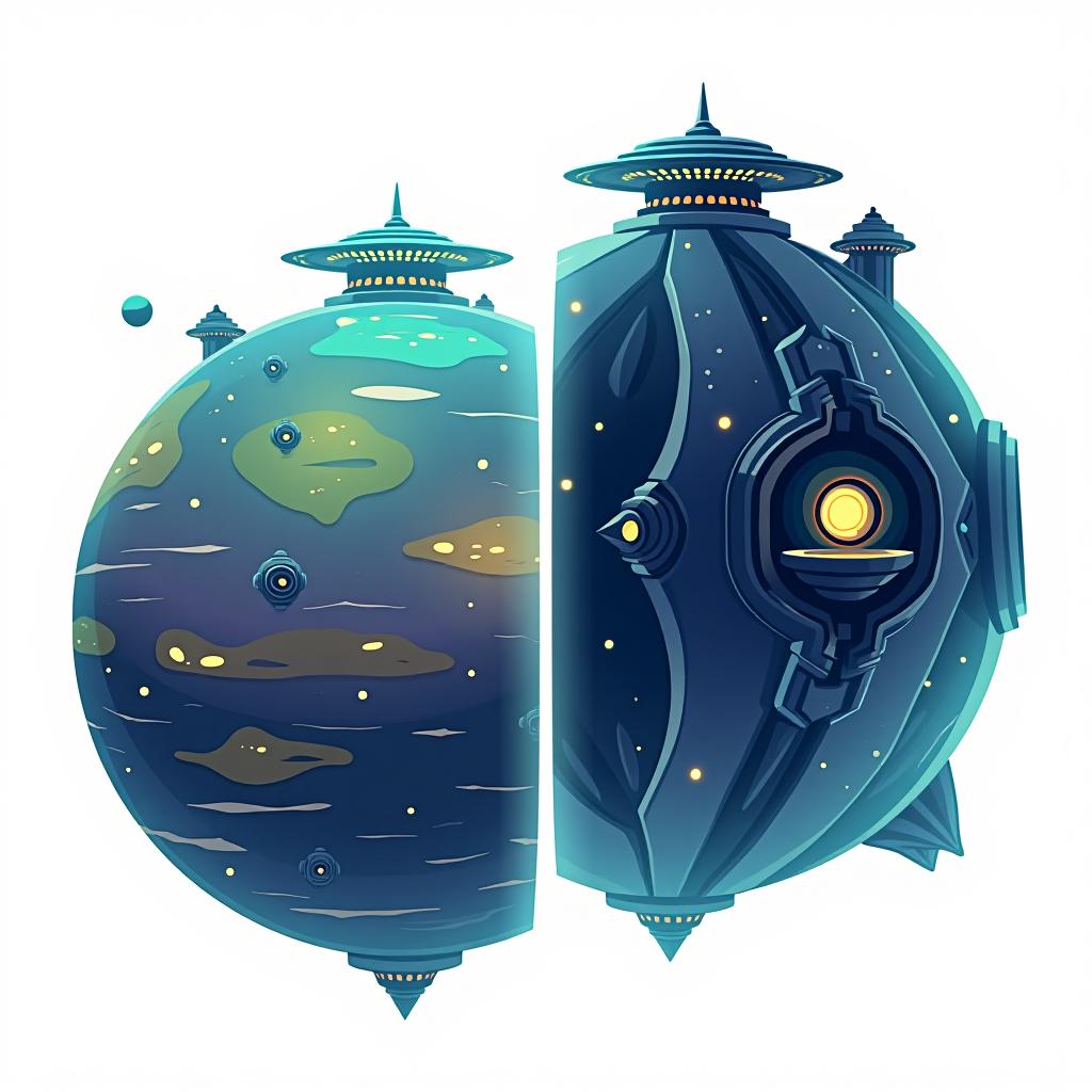  white background. left side: a simple vector graphic showing a hyper realistic alien planet's front view with mysterious structures and bioluminescent patches. right side: back view of the same planet, maintaining high detail and consistency. both views should depict the same materials and feature fantasy elements like glowing areas and unique architectural forms. cartoon and disney style. the views share the same object.