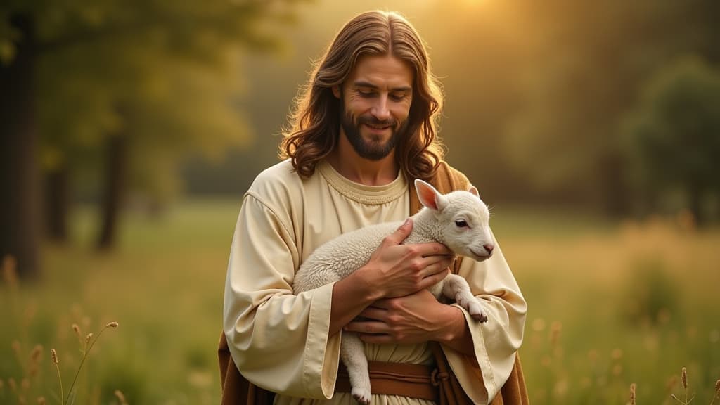  image of jesus christ holding a little lamb of easter holiday concept, high quality, high details, hd, perfect composition, 4k epic detailed, highly detailed, sharp focus, high resolution