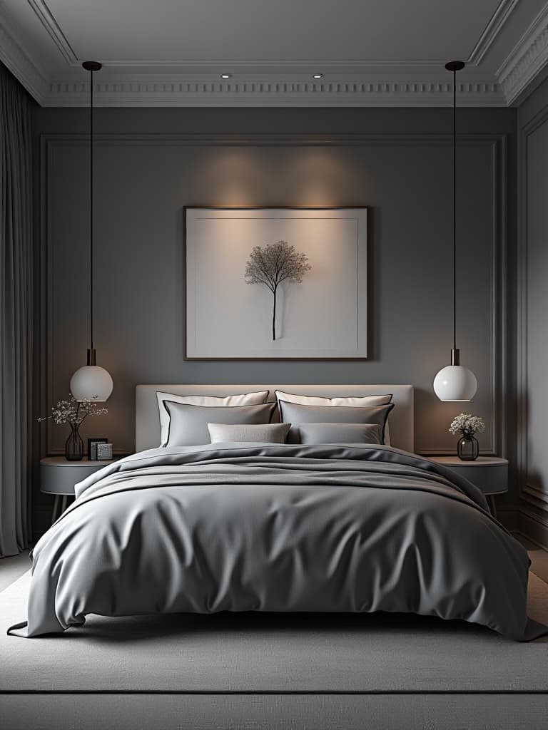  high quality portrait photo of a modern bedroom with a monochromatic color scheme, featuring various shades and textures of gray, from the walls to the bedding and furniture hyperrealistic, full body, detailed clothing, highly detailed, cinematic lighting, stunningly beautiful, intricate, sharp focus, f/1. 8, 85mm, (centered image composition), (professionally color graded), ((bright soft diffused light)), volumetric fog, trending on instagram, trending on tumblr, HDR 4K, 8K