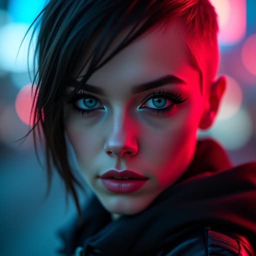  ultra realistic close up portrait ((beautiful pale cyberpunk female with heavy black eyeliner)), blue eyes, shaved side haircut, hyper detail, cinematic lighting, magic neon, dark red city, canon eos r3, nikon, f/1.4, iso 200, 1/160s, 8k, raw, unedited, symmetrical balance, in frame, 8k hyperrealistic, full body, detailed clothing, highly detailed, cinematic lighting, stunningly beautiful, intricate, sharp focus, f/1. 8, 85mm, (centered image composition), (professionally color graded), ((bright soft diffused light)), volumetric fog, trending on instagram, trending on tumblr, HDR 4K, 8K