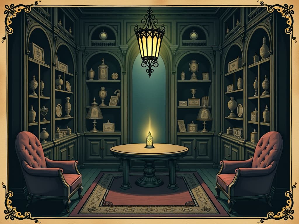  gothic chamber dripping with dark elegance, towering shelves filled with arcane artifacts, eerie dim glow, oppressive and stifling. an illustration in the style of a worn, mystical old tarot trump card, mysterious and elements of surrealism. the colors are muted, somber and eerie, but with contrast bring out an occult and esoteric vibe.