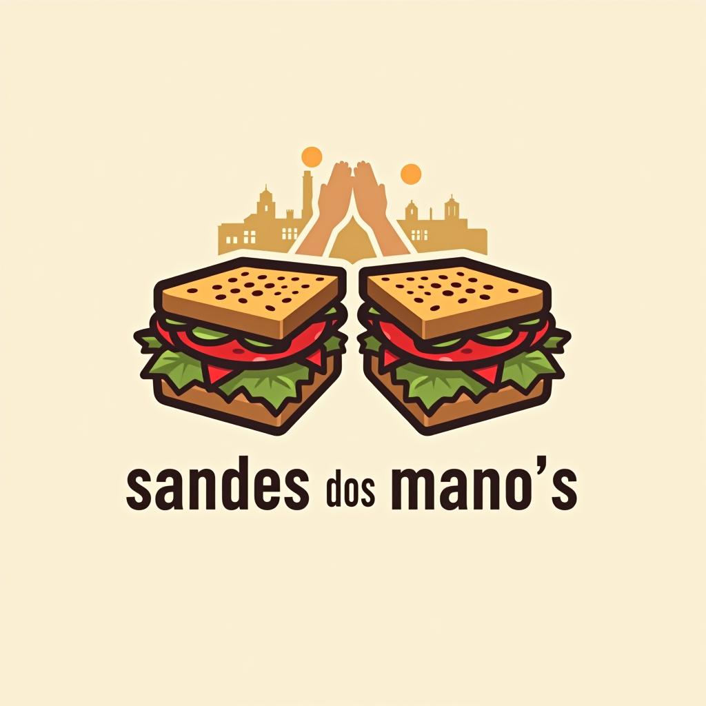  design a logo, the name is « sandes dos mano’s », this meaning sandwich of brother , and i have thinked in two brothers get a high five, with sandwich , background a town like porto, portugal or background litlle sandwichs, with the text 'sandes dos mano’s'.