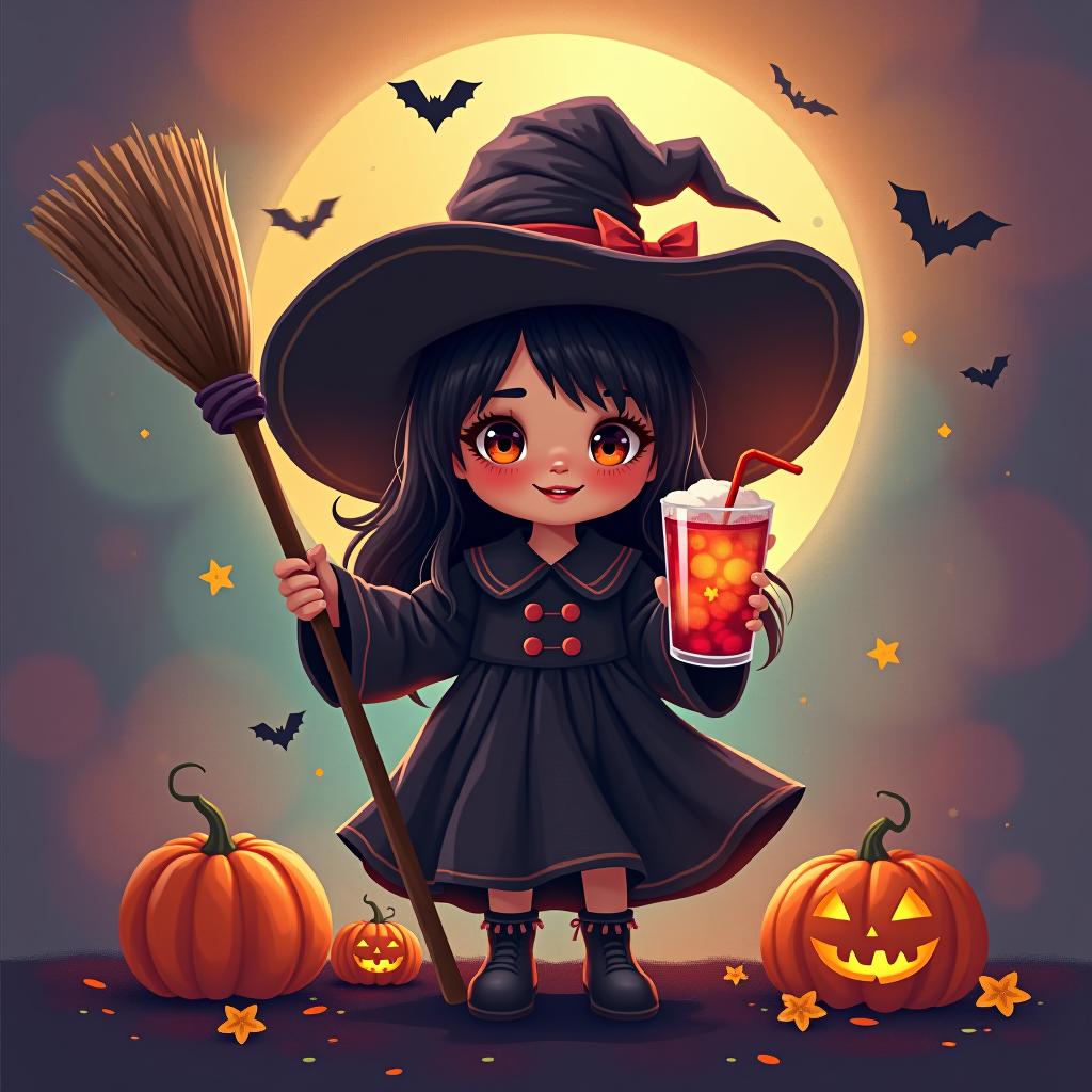  create a digital painting featuring a cute witch character. the witch should be wearing a hat. in one hand, the witch should hold a broomstick, and in the other hand, a halloween themed drink. the background should be colorful and include small black bats, pumpkins and stars to add a playful halloween touch. the overall style should be cute, whimsical, and colorful hyperrealistic, full body, detailed clothing, highly detailed, cinematic lighting, stunningly beautiful, intricate, sharp focus, f/1. 8, 85mm, (centered image composition), (professionally color graded), ((bright soft diffused light)), volumetric fog, trending on instagram, trending on tumblr, HDR 4K, 8K