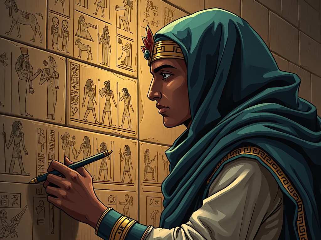  an egyptian scribe with focused eyes, detailing hieroglyphs on a stone wall, an observer of unique wisdom. the style is digital art illustration / modern comic book / mysterious occult, symbolic, esoteric vibe,high detail on character design, incorporating ancient egyptian symbology and attire.