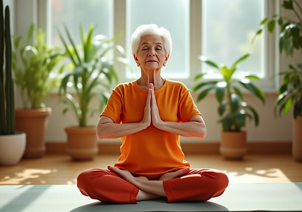  a senior woman with white hair, dressed in orange, performs a meditative yoga pose in a bright room, demonstrating tranquility and mindfulness surrounded by plants.