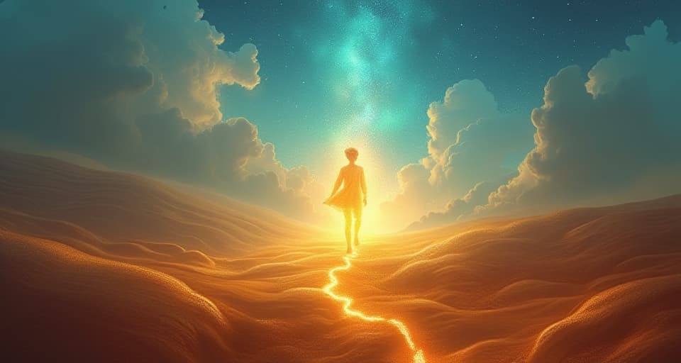  a radiant figure in a glowing landscape, each step illuminating the ground, symbolizing full self realization and unwavering progress.. the style is digital art illustration,highly detailed, whimsical,magical, dreamlike atmosphere, realism and fantasy blend, smooth, glossy textures,luminous quality, wonder and enchantment.