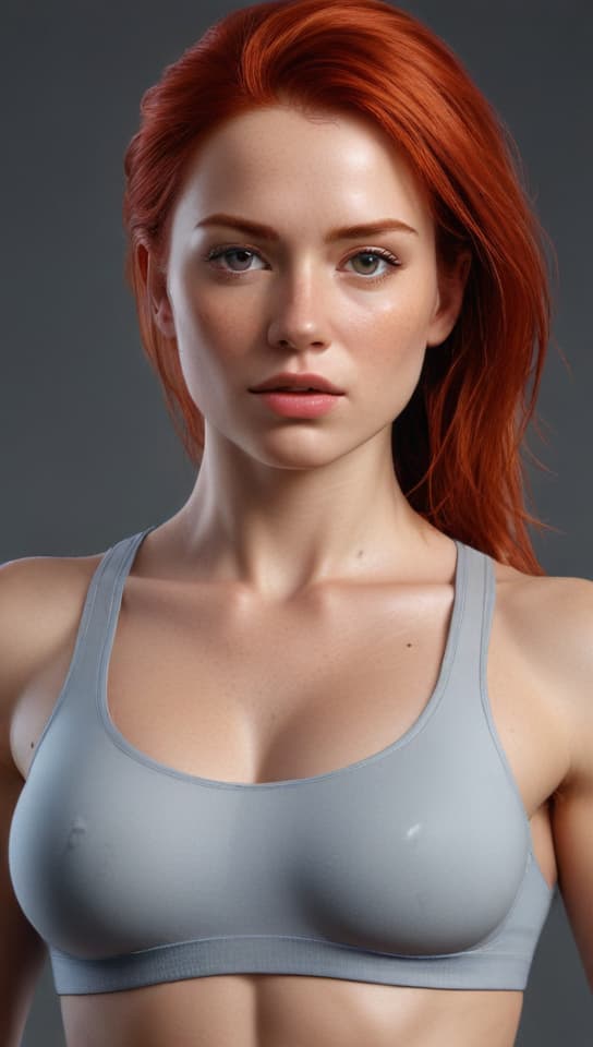 a red head woman, , athletic, gym, larger , trending on art station, (detailed face), ((upper body)), (front view),(masterpiece:1.4),(photorealistic:1.4),(high resolution),(exquisitely detailed),(beautiful detailed light),(ultra_color),(perfect anatomy),best quality,ultra high definition,(cinematic light),<lora:ClothingAdjuster3:-0.5>