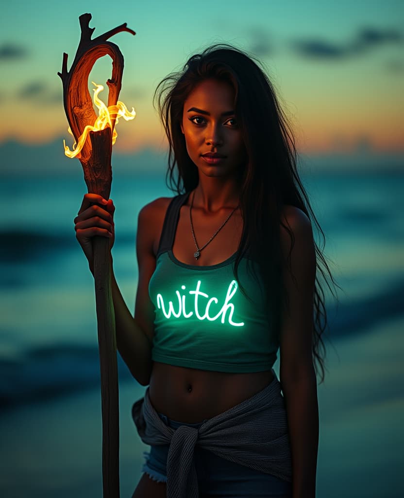  very sensual busty woman,<60. a jamaican witch with a staff made of driftwood, her tank top with the word 'witch' glowing as she commands the spirits of the sea.>,dramatic lighting, hyper realistic, detailed shading, cinematic, 4k resolution, a masterpiece, <lora:sultrynoshi:1.5> hyperrealistic, full body, detailed clothing, highly detailed, cinematic lighting, stunningly beautiful, intricate, sharp focus, f/1. 8, 85mm, (centered image composition), (professionally color graded), ((bright soft diffused light)), volumetric fog, trending on instagram, trending on tumblr, HDR 4K, 8K