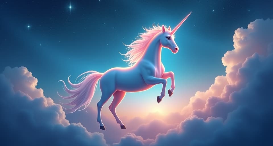  a majestic, glowing unicorn drifting through a starlit sky, wisps of ethereal clouds parting around it, creating a pathway between realms, serenity and wonder.. the style is digital art illustration,highly detailed, whimsical,magical, dreamlike atmosphere, realism and fantasy blend, smooth, glossy textures,luminous quality, wonder and enchantment.