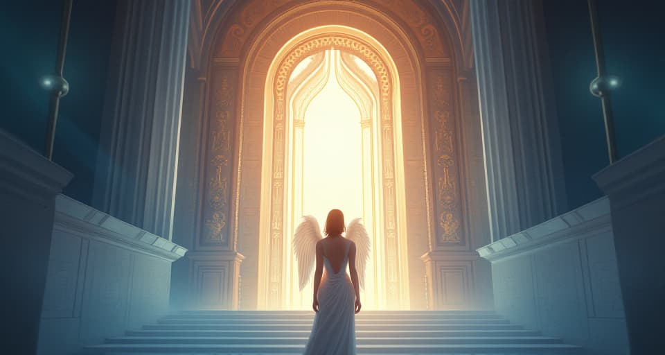  portrait of an ethereal angel, standing before a grand, glowing gateway, her expression a mix of anticipation and determination, symbolizing the ongoing journey of discovering one’s purpose.. the style is digital art illustration,highly detailed, whimsical,magical, dreamlike atmosphere, realism and fantasy blend, smooth, glossy textures,luminous quality, wonder and enchantment.