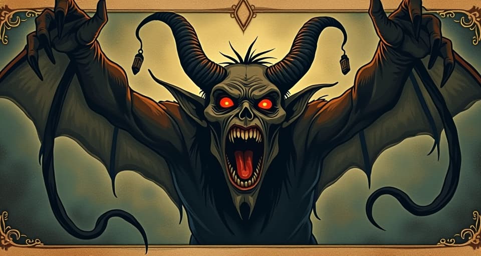  demonic figure recoiling in fear, fiery eyes wide with terror, dark tendrils retracting, ominous backdrop. an illustration in the style of a worn, mystical old tarot trump card, mysterious and elements of surrealism. the colors are muted, somber and eerie, but with contrast bring out an occult and esoteric vibe.