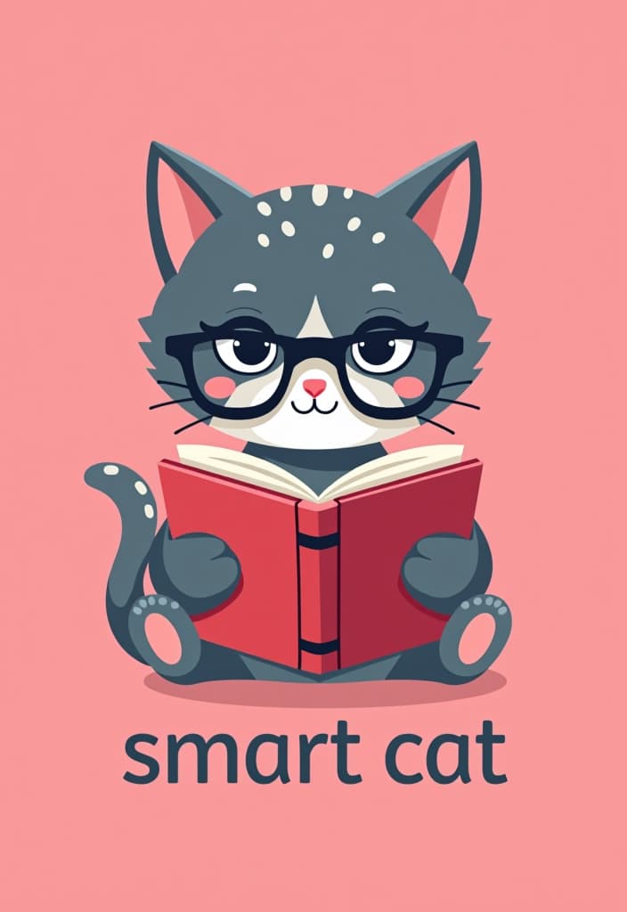  design a logo, a gray cat with white spots reading with some glasses, pink background , with the text 'smart cat'.