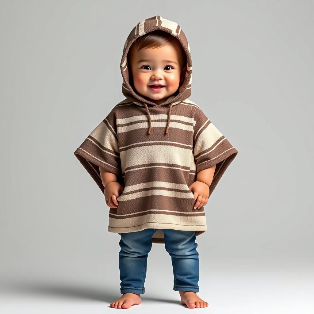  create an image of a full body babies wearing poncho with the following specifications:\n fabric material: cotton\n fit: slim fit\n sleeve length: sleeveless\n neck style: crew neck\n fabric design : striped, colors: rgb(103,187,228) , rgb(249,36,221), \n fabric weight: lightweight\n texture and finish: smooth\n usage: casual\n branding: patch logo\n additional features: pockets