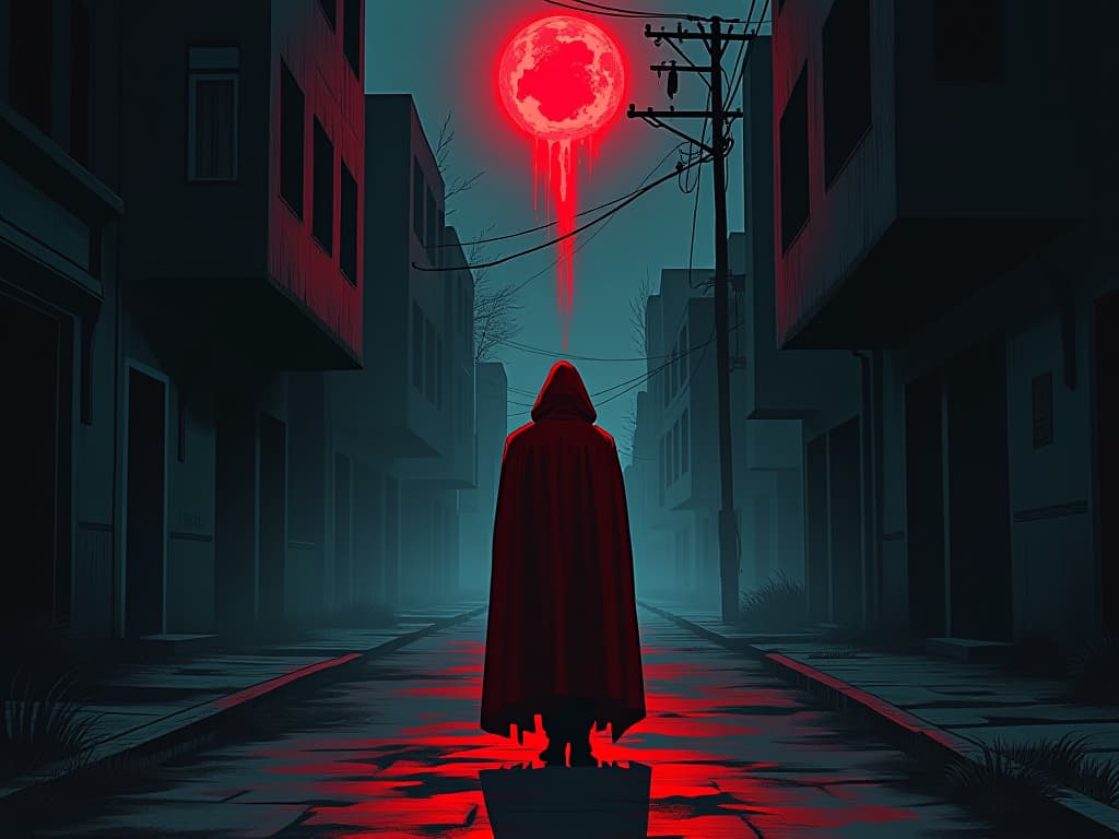  person in red cloak, walking down an abandoned street, shrouded in darkness, overarching sense of loneliness. the style is digital art illustration / modern comic book / graphic dark novel fantasy and mysterious occult, symbolic, moody lighting, esoteric vibe,high detail on character design. for the color scheme emphasize blacks and reds.