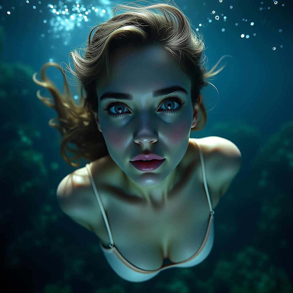  **a cinematic, underwater fantasy** capturing a stunningly beautiful european woman with exposed ggstms, floating gracefully among bioluminescent sea creatures. her skin glows with an otherworldly light, and her large expressive eyes create a mesmerizing effect. shot with a nikon d850 and a fisheye 8 15mm f/3.5 4.5e ed lens. astravision. hyperrealistic, full body, detailed clothing, highly detailed, cinematic lighting, stunningly beautiful, intricate, sharp focus, f/1. 8, 85mm, (centered image composition), (professionally color graded), ((bright soft diffused light)), volumetric fog, trending on instagram, trending on tumblr, HDR 4K, 8K