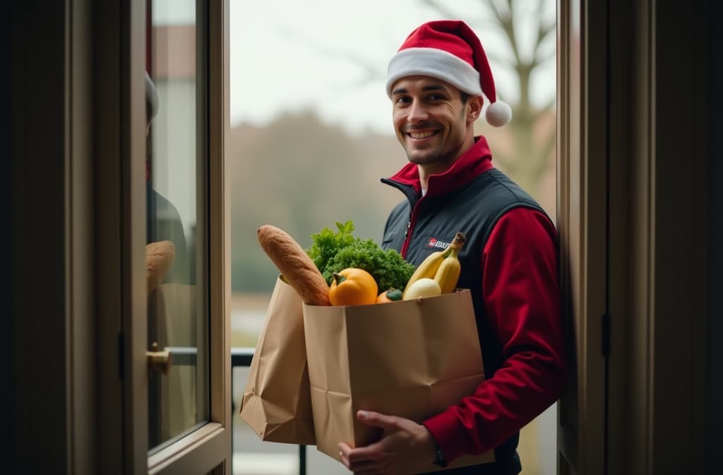  professional detailed photography, view from inside the house through the open door, in the frame a male courier in a christmas hat and uniform holds groceries in craft bags, vegetables, a baguette, bananas are visible from the bags, he looks at the camera and smiles , (muted colors, dim colors, soothing tones), (vsco:0.3)