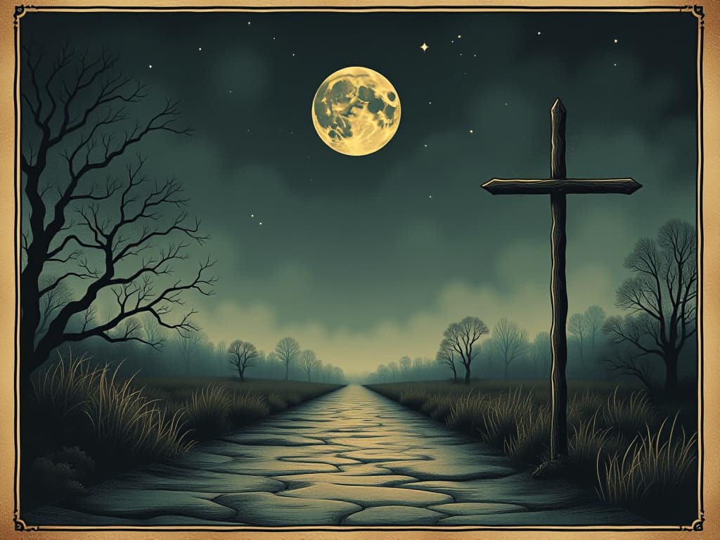  a crossroad under a starless sky, worn paths diverging under a foreboding moon, mist covered ground, ancient signpost, eerie, contemplative. an illustration in the style of a worn, mystical old tarot trump card, mysterious and elements of surrealism. the colors are muted, somber and eerie, but with contrast bring out an occult and esoteric vibe.