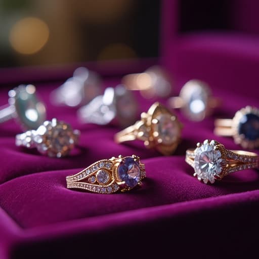  create an image with the following specifications: main subject: description: a collection of diverse engagement rings displayed on a velvet jewelry tray. style: elegant and varied. setting: location: high end jewelry store display. composition: framing: close up shot focusing on the rings, with soft background blur. style: art movement: contemporary realism. technique: high quality photography with soft lighting. atmosphere: mood: romantic, luxurious, and inviting. color palette: dominant colors: deep purple, gold, silver, white. mood: rich and opulent. details: foreground: various engagement rings featuring different metals, gemstones, and designs. background: blurred purple velvet texture. technical specs: aspect ratio: 16:9. ne hyperrealistic, full body, detailed clothing, highly detailed, cinematic lighting, stunningly beautiful, intricate, sharp focus, f/1. 8, 85mm, (centered image composition), (professionally color graded), ((bright soft diffused light)), volumetric fog, trending on instagram, trending on tumblr, HDR 4K, 8K