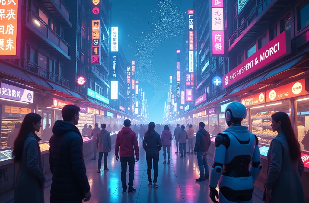  "create a futuristic digital landscape showcasing a vibrant virtual city filled with holographic interfaces and intelligent robots. inhabit the scene with various stylized humanoid chatbots interacting with diverse people in a busy marketplace, surrounded by glowing screens displaying conversations and data streams. emphasize a sense of connectivity and technology, with neon lights reflecting on sleek surfaces, while incorporating elements like a swirling network of binary code in the sky above." hyperrealistic, full body, detailed clothing, highly detailed, cinematic lighting, stunningly beautiful, intricate, sharp focus, f/1. 8, 85mm, (centered image composition), (professionally color graded), ((bright soft diffused light)), volumetric fog, trending on instagram, trending on tumblr, HDR 4K, 8K