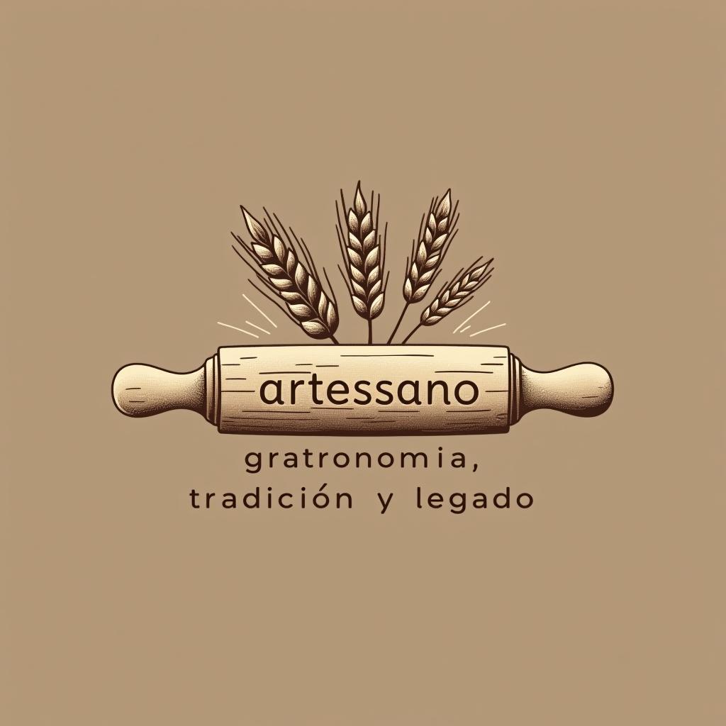  design a logo, in a pencil style. marca “artessano” agregar elemento de repostería como rolling pin, stick of butter, ear of wheat, flour light colors and shades of brown minimalista, simple y elegante, with the text 'gastronomía, tradición y legado '.