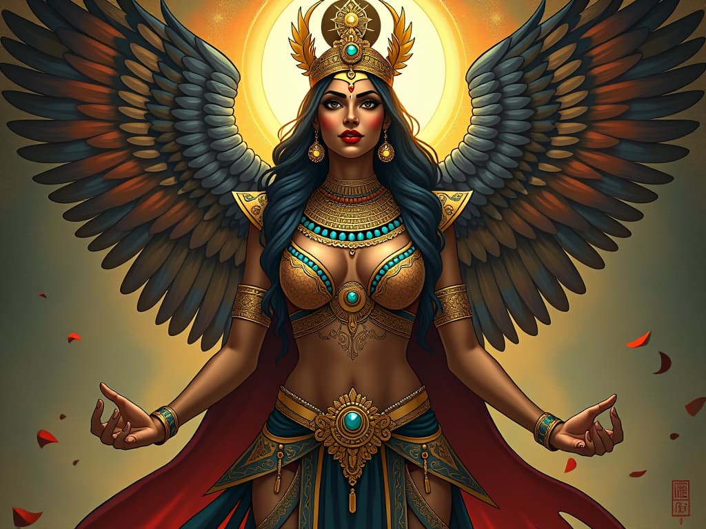  hindu goddess maya, large busted, adorned in elaborate jeweled attire, creating illusions, aura of mystical power. the style is digital art illustration / modern comic book / mysterious occult, symbolic, esoteric vibe,high detail on character design, incorporating ancient egyptian symbology and attire.