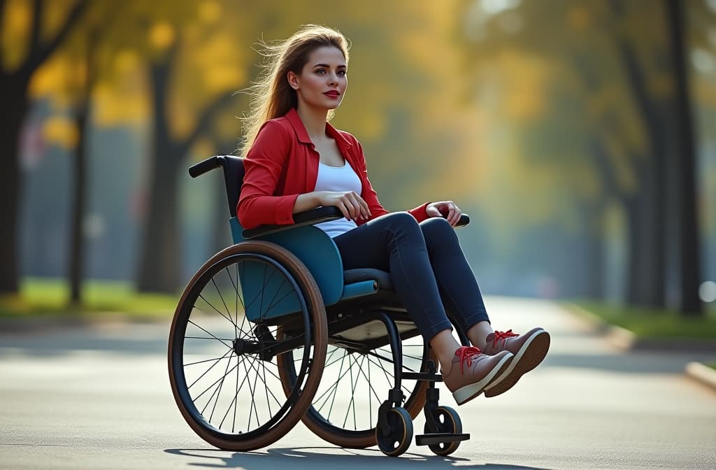  una mujer atractiva en silla de ruedas igera y moderna, diseñada con un chasis de aluminio aerodinámico y elegante. la silla debe tener un acabado en colores vibrantes, como azul brillante o rojo, con detalles en negro mate. debe incluir características como reposabrazos ajustables, ruedas de diseño innovador y un asiento ergonómico. la imagen debe mostrar la silla en un entorno urbano, como un parque o una calle, con personas activas y felices utilizándola. la luz debe ser brillante y el ambiente debe transmitir una sensación de libertad y movilidad y que lleva puestos unos zapatos de plataforma, realistic, portrait, art by donato giancola and greg rutkowski, realistic face, digital art, trending on artstation hyperrealistic, full body, detailed clothing, highly detailed, cinematic lighting, stunningly beautiful, intricate, sharp focus, f/1. 8, 85mm, (centered image composition), (professionally color graded), ((bright soft diffused light)), volumetric fog, trending on instagram, trending on tumblr, HDR 4K, 8K