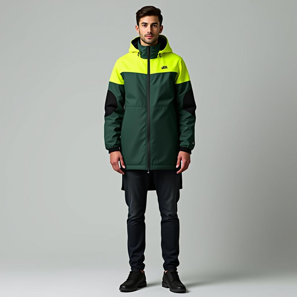  create a high resolution image of a full body man standing casually, wearing a slim fit, long sleeve parka featuring a straight hem. the parka should exhibit a color block fabric design in dark green (rgb(68,88,65)) and neon yellow (rgb(203,242,7)) with a smooth, lightweight nylon texture. the parka includes a stand collar with a zipper closure, a patch logo, and additional features such as thumb holes, elbow patches, drawstrings, adjustable cuffs, and a removable lining.