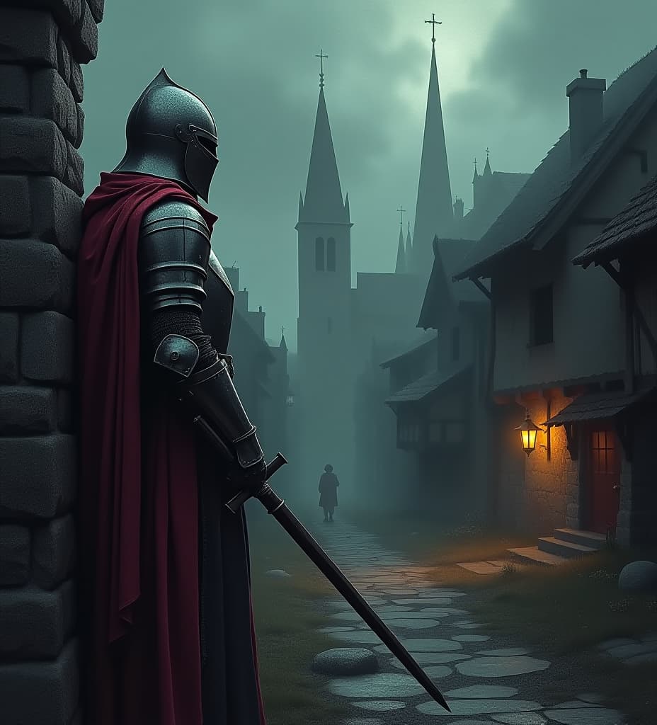  detailed medieval knight in village dark tone fantastic 8k 4k high definition paint