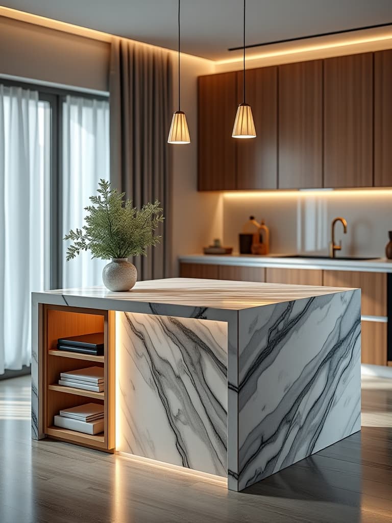  a portrait photo of a small kitchen island with a waterfall countertop made of luxurious marble, featuring hidden storage and sleek pendant lights above hyperrealistic, full body, detailed clothing, highly detailed, cinematic lighting, stunningly beautiful, intricate, sharp focus, f/1. 8, 85mm, (centered image composition), (professionally color graded), ((bright soft diffused light)), volumetric fog, trending on instagram, trending on tumblr, HDR 4K, 8K