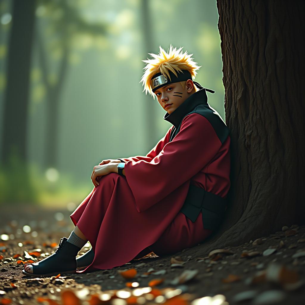  portrait full body photography from 1970, real actor naruto from naruto sitting next to the forest, dressed with naruto costume, movie still, 1970, anime visual, code geass, xmen, still image from the movie, high quality costume, inspo, naruto hyperrealistic, full body, detailed clothing, highly detailed, cinematic lighting, stunningly beautiful, intricate, sharp focus, f/1. 8, 85mm, (centered image composition), (professionally color graded), ((bright soft diffused light)), volumetric fog, trending on instagram, trending on tumblr, HDR 4K, 8K